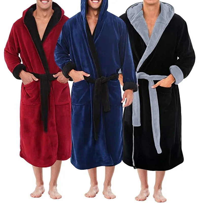

Men BathRobe Flannel Hooded Thick Casual Winter Autumn Long Kimono Robe Warm Home Sleepwear Bath Robe Pajama Nightgown