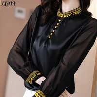 jxmyyy satin silk shirt womens long sleeved spring 2021 new retro stand up collar embroidery blouse black