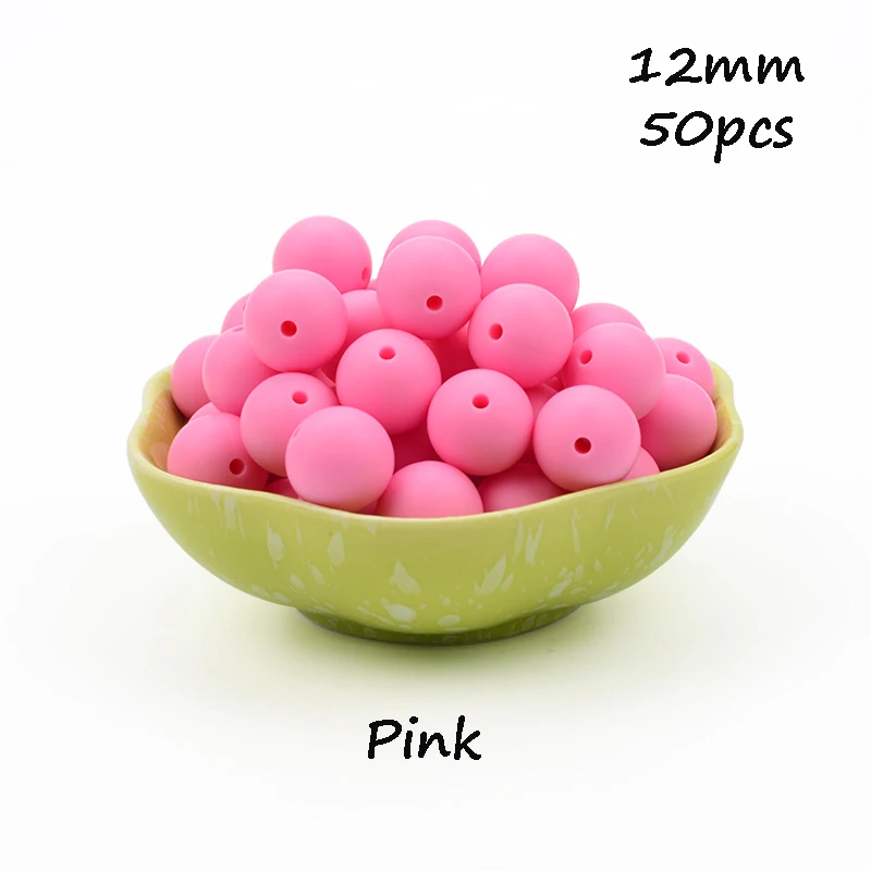 Pink LOFCA, 12 мм, 50 шт./лот, бусины из пищевого силикона, Прорезыватель для зубов, круглые бусины, Детская жевательная для прорезывания зубов, Силиконовые Прорезыватели для самостоятельного изготовления - Цвет: Pink