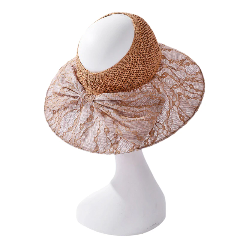 

Summer Sun Hats with Bow Empty Top Hat Women UV Protction Lace Wide Brim Hat Fashion Stitching Fisherman Hat Vacation Beach Hats
