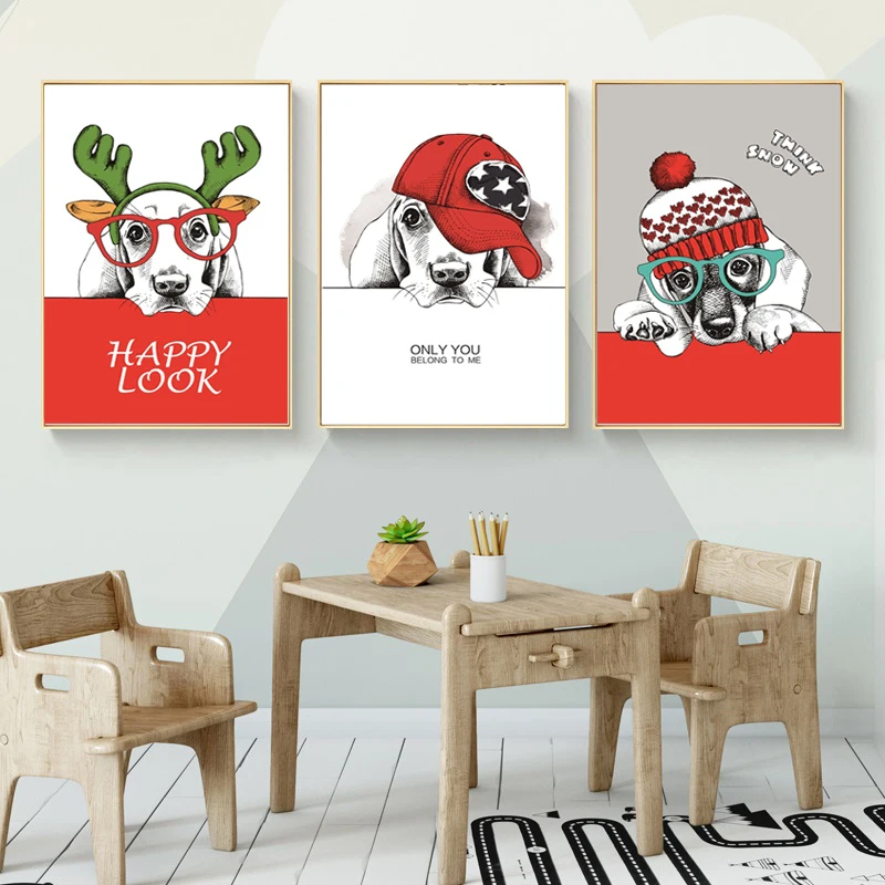 

Cartoon Style Mural Head Wear Golden Retriever Frameless Poster Home Bedroom Fresco Living Room Decoration Canvas Painting Print