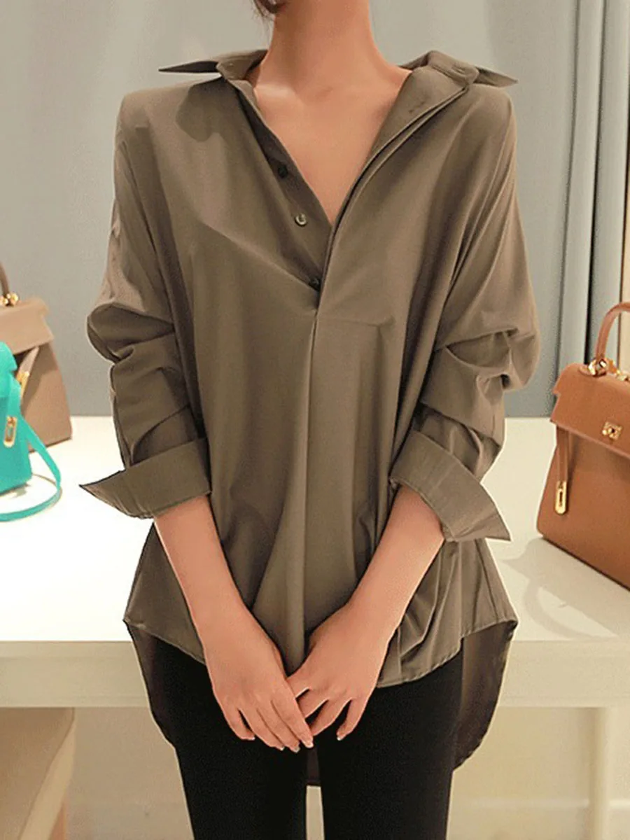 

Solid Women Blouse Army Green Spring Korean Office Ladies Elegant Long Sleeve Loose Shirts New Fashion Causal Plain Female Tops