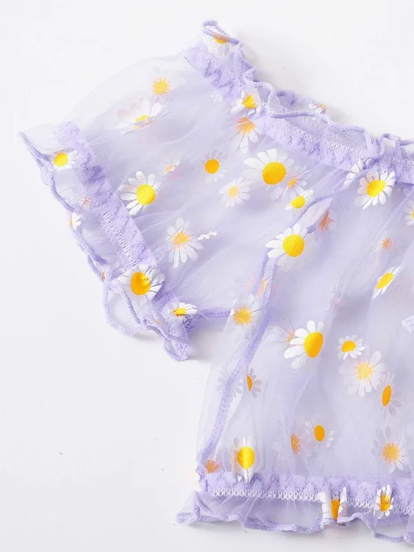 

Women Exotic Sets Sexy Lace Floral Little Daisy See Through Transparent Off Shoulder Puff Sleeve Lace Up Cropped Bra Top+Shorts