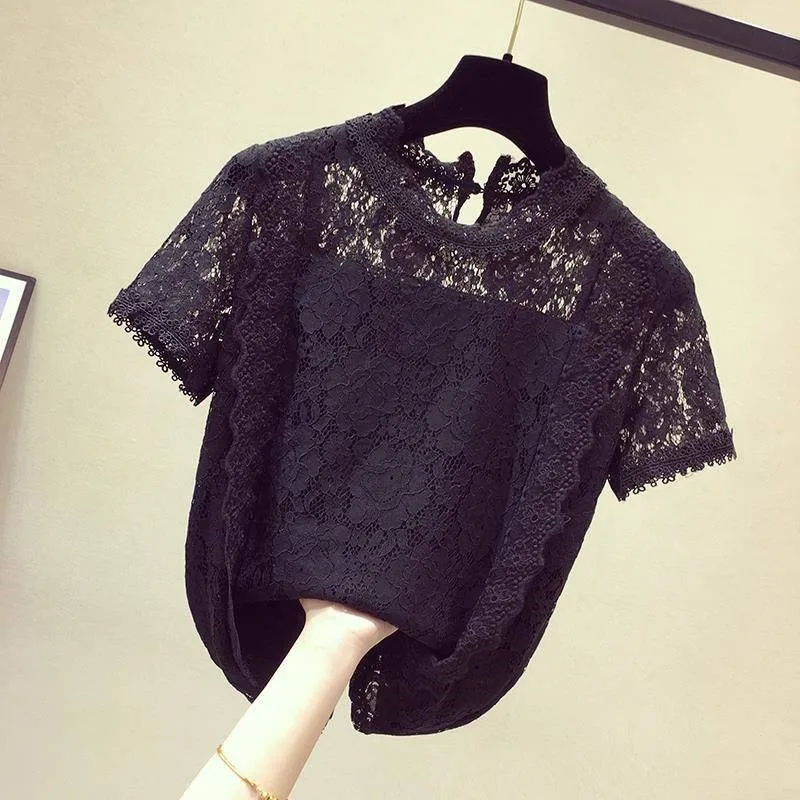 Drop Shipping Fashion New Lace Shirt O-neck Short Sleeve Jacquard Hollow T-Shirt Style Pure Color Top For Women | Женская одежда