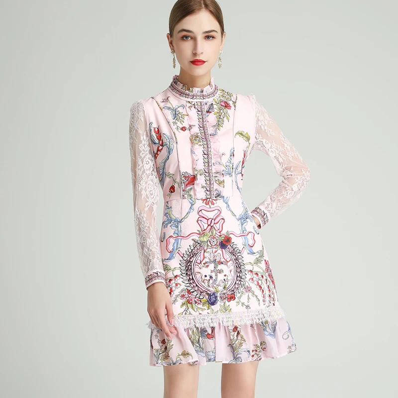 

2021 SPRING FLORAL PRINT LACE PATCHWORK DRESS