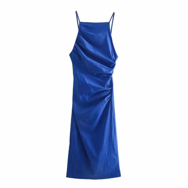 

2021NEW TRAF Za Pleated Dress Woman Blue Slip Dress Women Backless Ruched Summer Dresses 2021 Sleeveless Slim Sexy Party Dresses