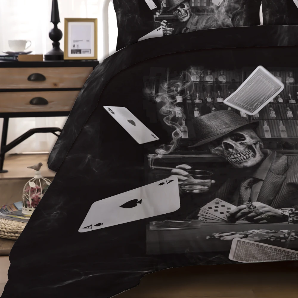3D игральные карты печатных постельных принадлежностей череп Gambler печать Хэллоуин пододеяльник набор черный домашний текстиль Твин Полный размер королевы