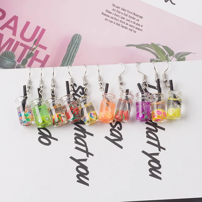 

Shiny Girl Wine Bottle Juice Cup Earrings Pearl Tea Unique Design Lovely Summer Style Pendant Earrings