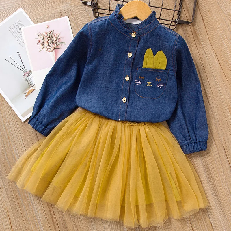 Animal Cat Applique Girls Dress Autumn Winter Cartoon Denim T-shirt with mesh 2Pcs for Girl Suits Children Clothing | Детская одежда и