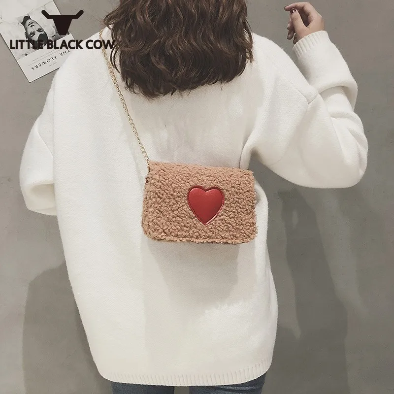 

Womens New Winter Autumn Small Bags Fashion Korean Wool Chain Shoulder Bags Female Sweet Cute Sling Crossbody Bags 3 Color