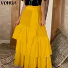 2021 Осенняя Макси-юбка VONDA, женская модная Асимметричная плиссированная длинная юбка, повседневные элегантные юбки с высокой талией и оборками