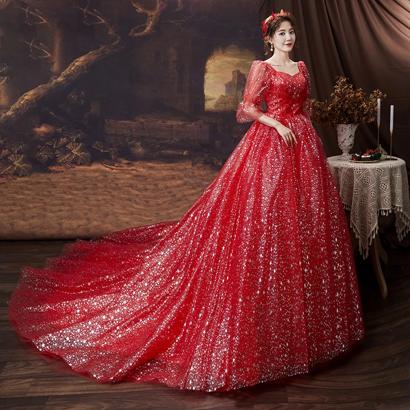 

Red Sequin Wedding Dresses Puff Sleeve Sweet Sweetheart Ball Gown Vestido De Noiva Robe De Mariee Cheap Wedding Dress