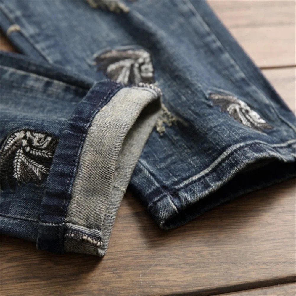 Summer  Indian Skull Multiple Embroidered Jeans Men's Ripped High Street Pants Soft Red Ears Blue Slim 2020 Western Style Cotton