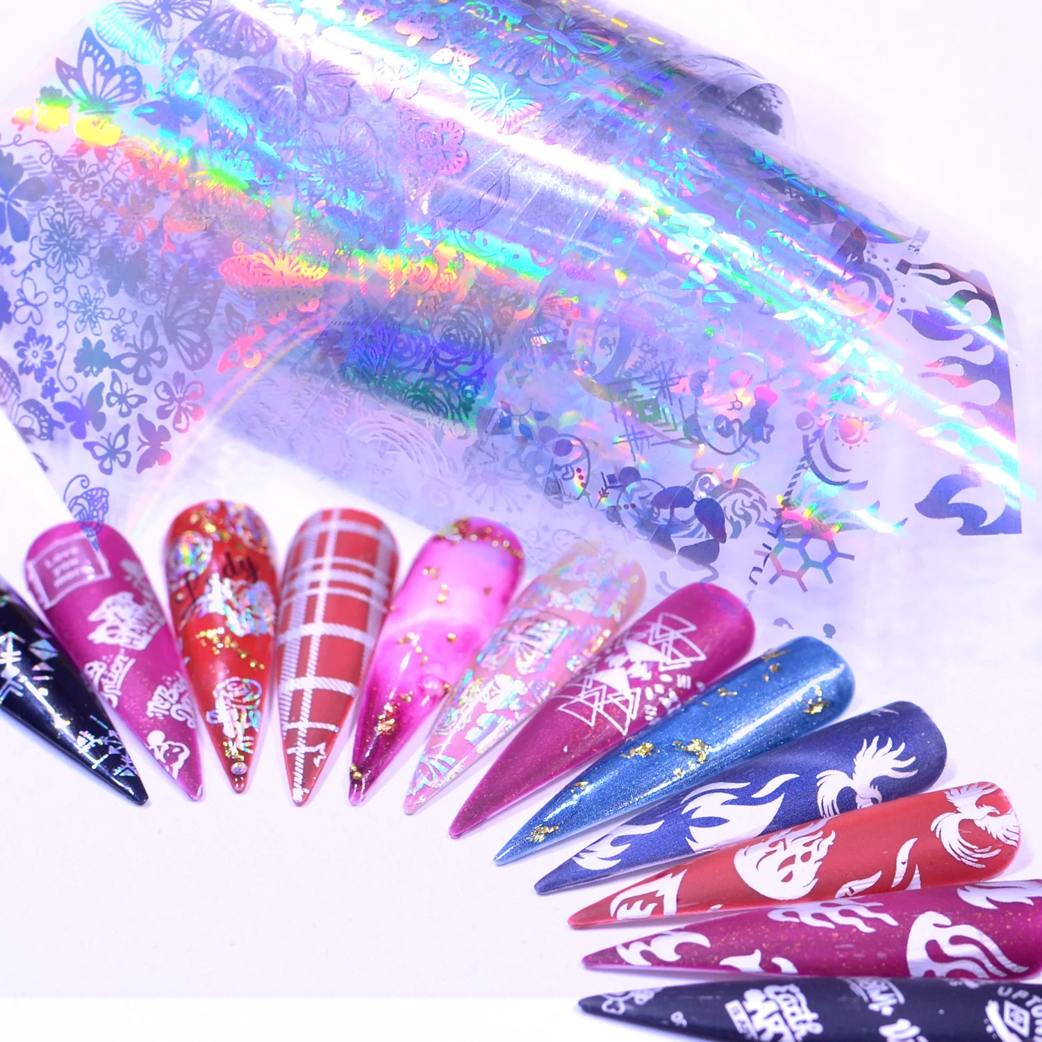 LCJ Holographic Nail Foil Flame Dandelion Panda Bamboo Holo Nail Art Transfer Sticker Water Slide Nail Art Decals
