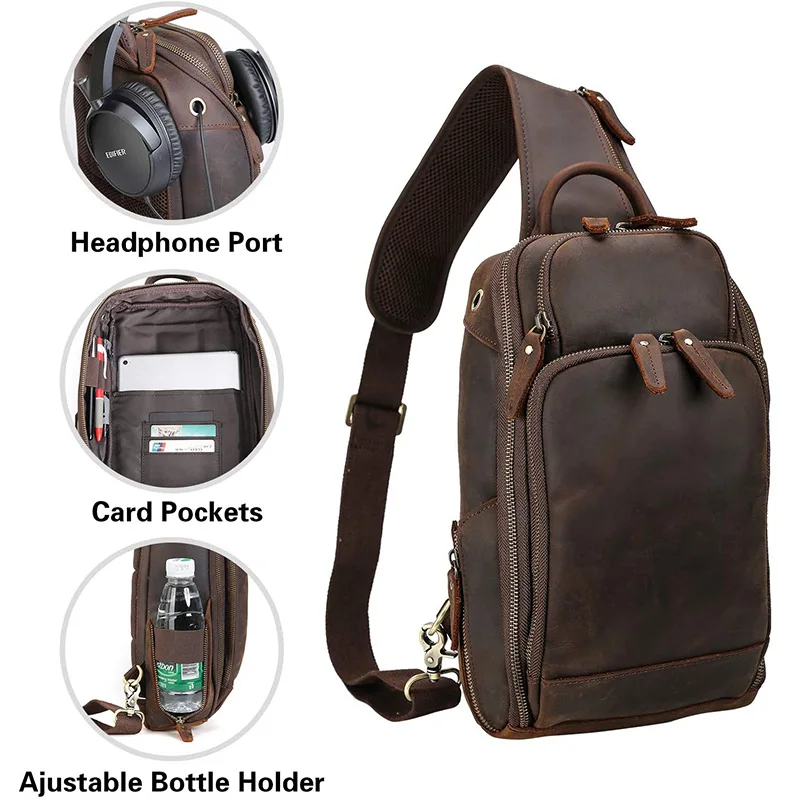 

Leather Chest Bag Casual Men's Shoulder Bag First Layer Cowhide Multifunction USB Charging Snug Breathable Storage Crossbody Bag