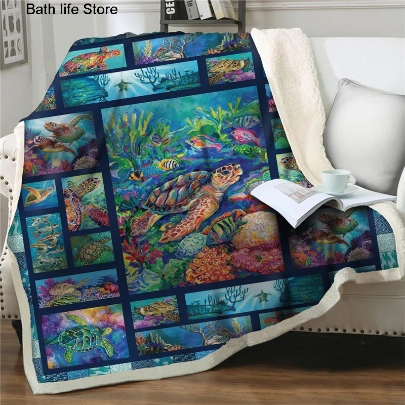 

Soft Warm Underwater World Blanket Sea Turtle Sherpa Fleece Throw Blanket Quilts Bed Cover Bedspread For Children Adult Sofa Car