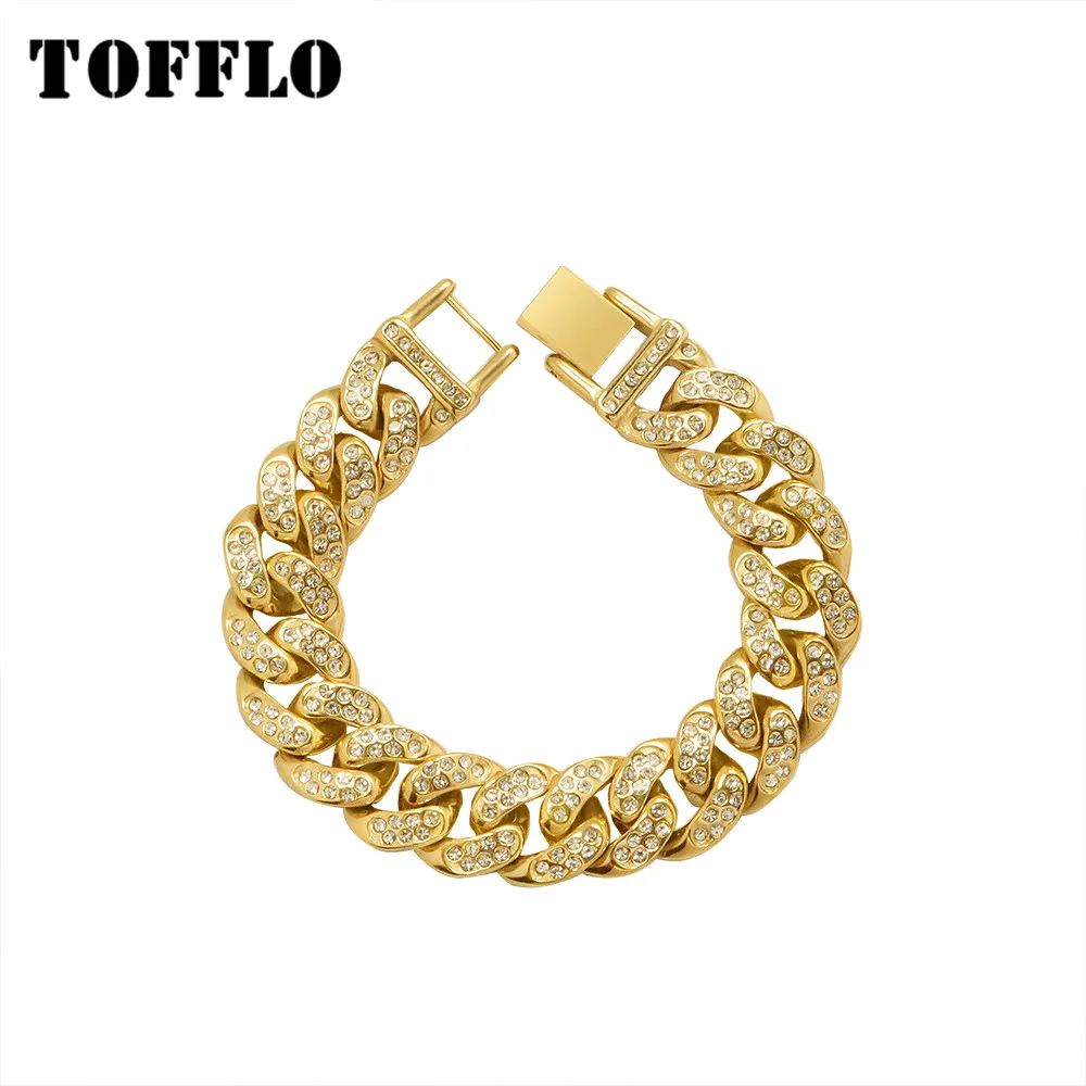 

TOFFLO Stainless Steel Jewelry Zircon Inlaid Lovers Fashion Hip Hop CUBAN CHAIN BRACELET Thick Chain BSE008