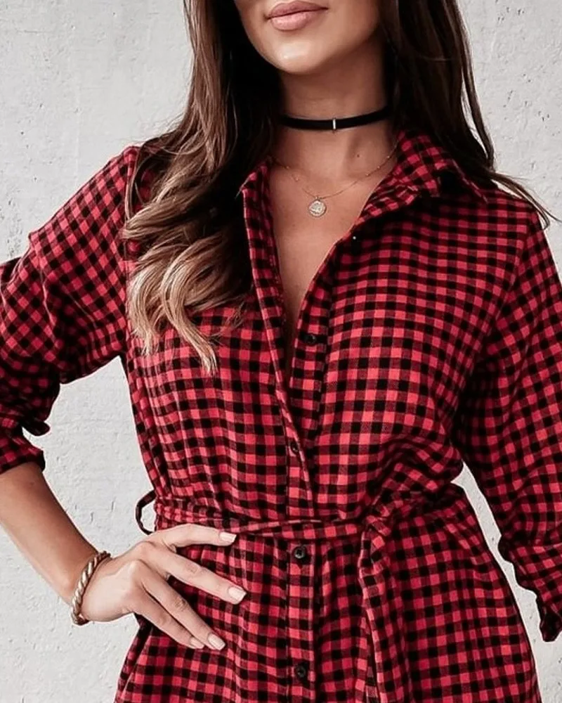 

2021Plaid Print Ruffle Hem Button Front Belted Shirt Dress