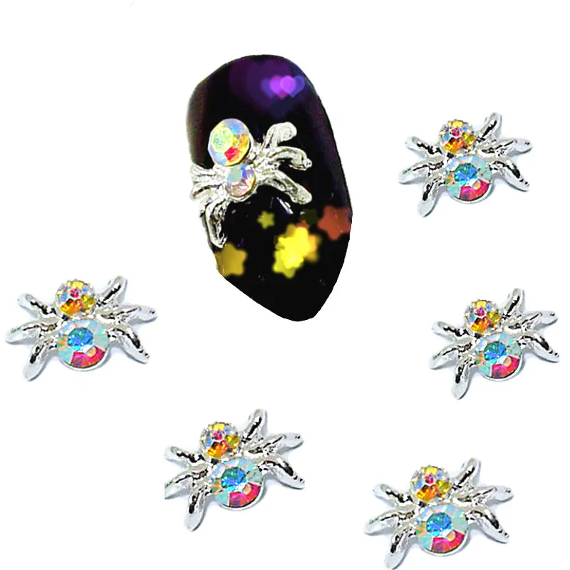 

10Pcs Silver Nail Art Rhinestones Decorations Charms 3d Spider Metal Nail Accessoires Cartoon AB Crystal Diamond Manicure