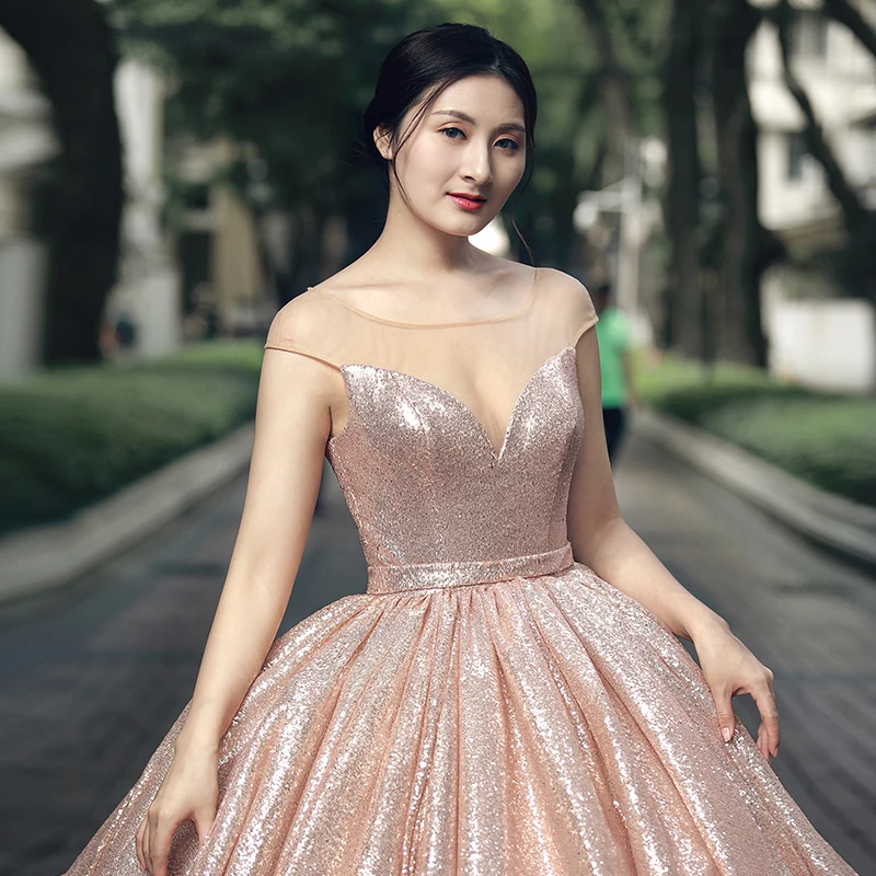 RSM66565 блестящее Пышное вечернее платье в пол с блестками круглым вырезом