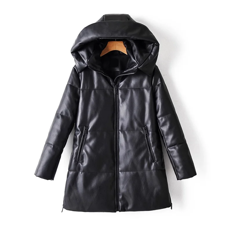 

Winter Women Thick Warm Leather Parkas Fashion Female Side Zipper Pockets Hooded Pu Leather Jacket Coat Chic Outerwear
