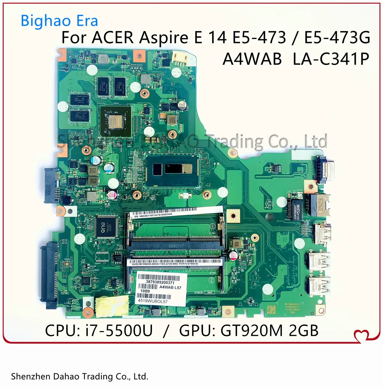 

Материнская плата A4WAB для ноутбука ACER Aspire Φ, материнская плата для ноутбука с процессором i7-5500U GT920M, 2G-GPU 100%, работает