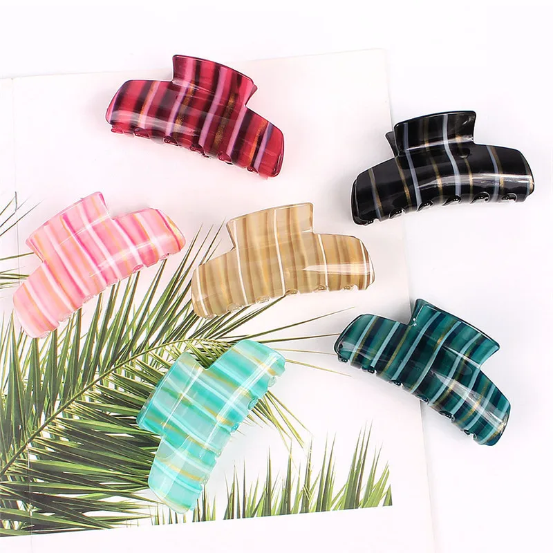 

Hot Sale Big Size 10cm Large Acetate Striped Hair Claws Crab Women Female Simple Grasp Clip Make Hair Styling Tools 6 Colors