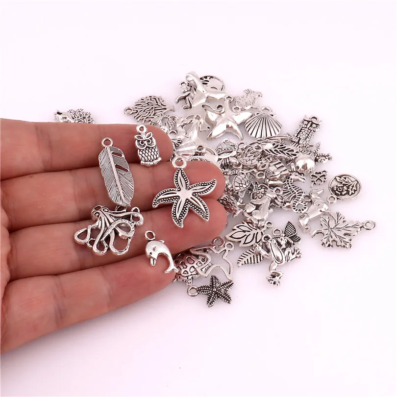 

60pcs/lot Antique Silver Color Mixed Charm Pendants Jewelry Accessories Ocean Animal Charms Jewelry Making Vintage Charm Finding