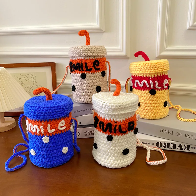 

Personalized Hand-woven Bag Pearl Milk Tea Cup Women's Fashion Woolen Material Bag Messenger Mobile Phone Bag DIY Creative Gift