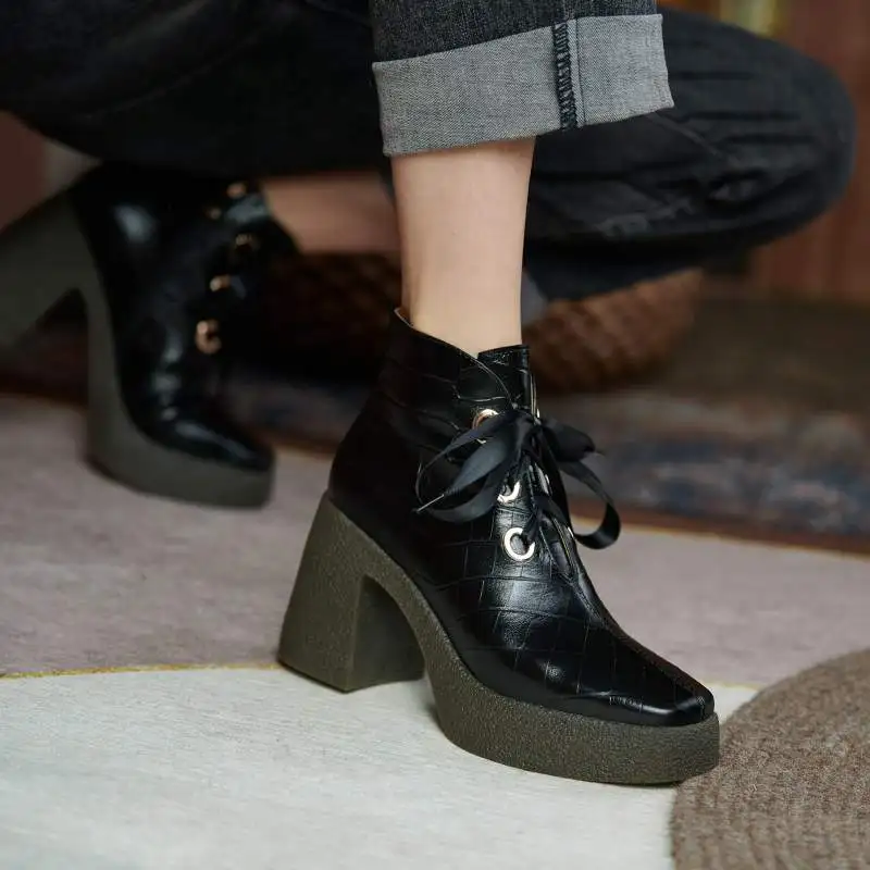 Beli Sepatu Bot Platform Ujung Bundar Yang Diikat Silang Kulit Sapi Panci Krazing Sepatu Bot Pergelangan Kaki Cantik Gladiator Print Ginham Hak Tinggi Tebal