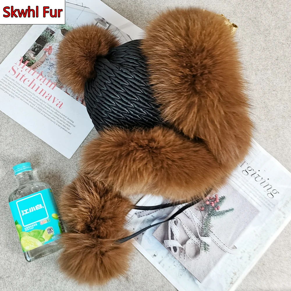 

Women Outdoor Earflap Knit Snow Ski Cap Real Fox Fur Bomber Trapper Hat Lady Ushanka Real Fox Fur PomPom Winter Russian Cossack