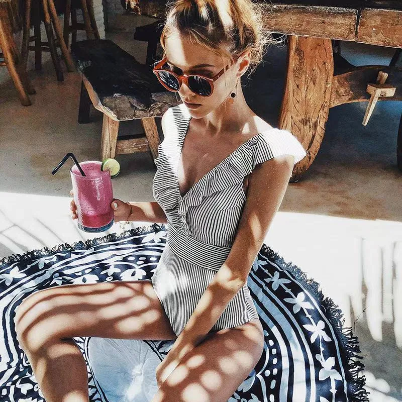 

Bathing Suit Women Ruffles Striped Swimsuit Sexy V-neck Open Back Bikini Swimming Suit For Women One Piece Swimsuit Women