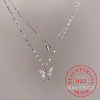 925 sterling silver flash diamond butterfly double necklace for women simple design crystal elegant wedding jewelry gifts