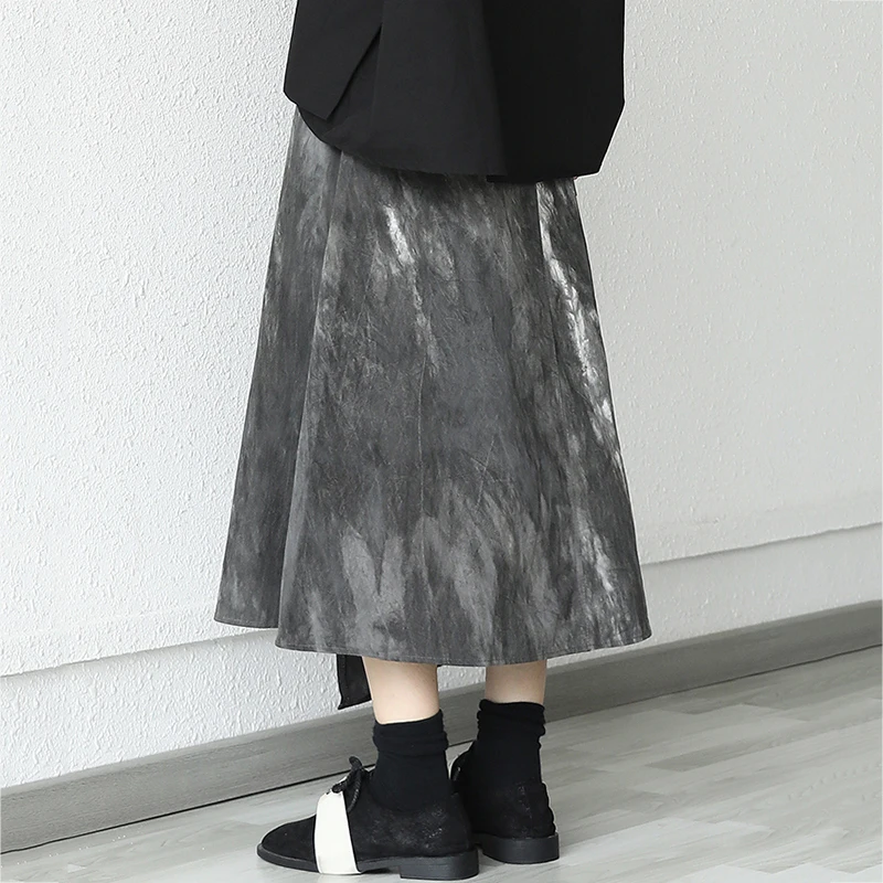 

[EAM] High Elastic Waist Gray Tie Dry Asymmetrical Casual Half-body Skirt Women Fashion Tide New Spring Autumn 2021 1DD7618