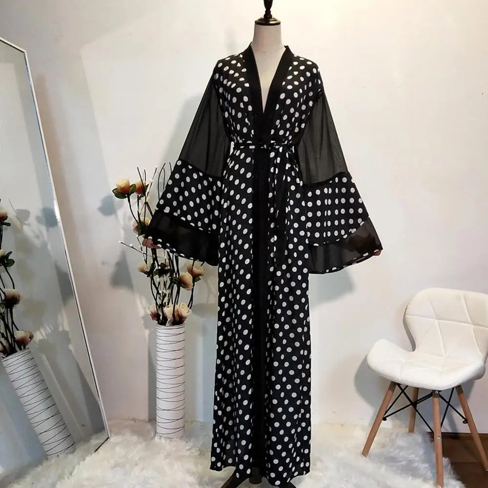 

New Arrival Middle East Women's Kimono Long Sleeve Floral Print Polka Dot kaftan Arabic Open Abaya Dubai Islamic Turkey Clothing