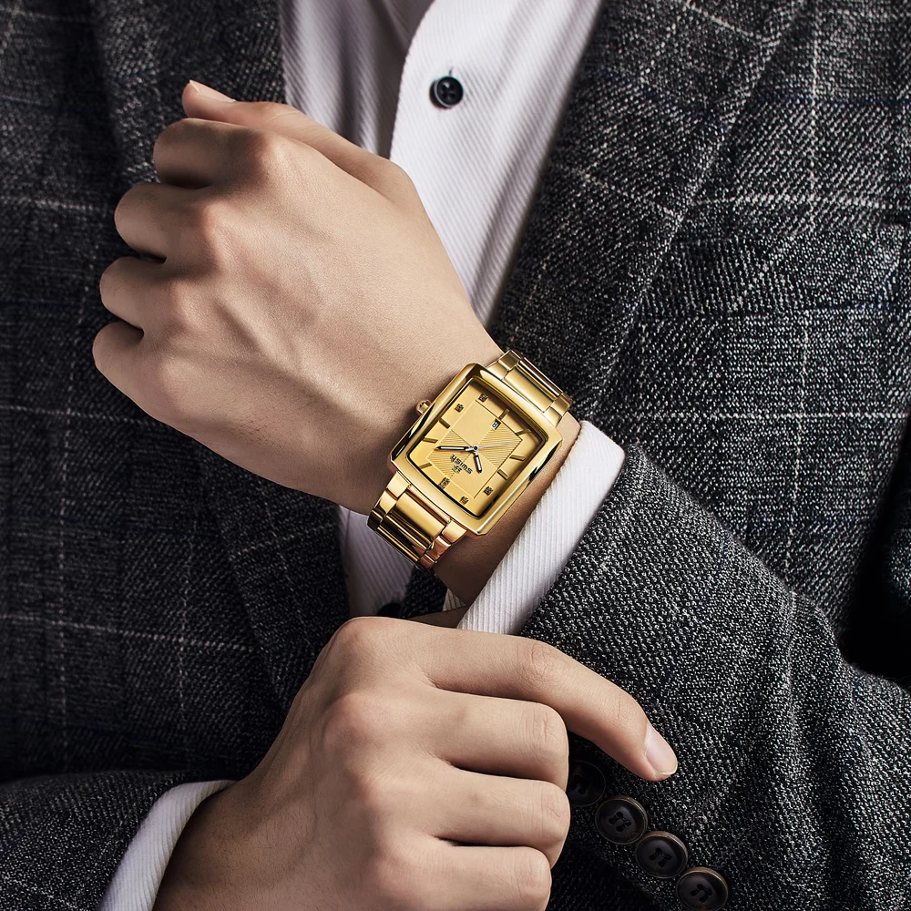 

SWISH Fashion Gold Quartz Watch Rectangle WatchesMen Waterproof Staineless Steel Business Wristwatch Male Sports Clocks 2021