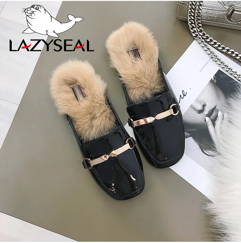 LazySeal туфли без задника с натуральным мехом; женские тапочки с квадратным носом; женские Вьетнамки; женские пушистые шлепанцы; Pantuflas Mujer