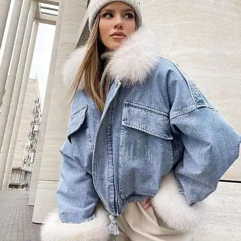 Шубы и дубленки: Denim jacket with fur 