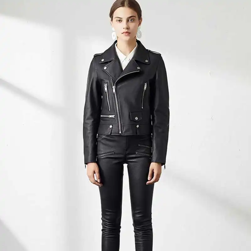 

Women Leather Natural Lambskin Leather Bomber Biker Jacket Long Sleeves 100% Sheepskin Leather Coat H711