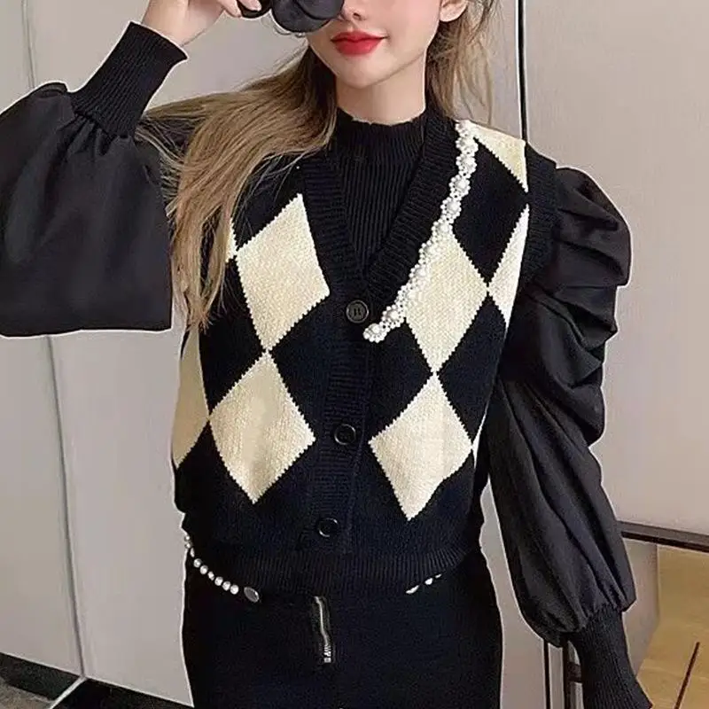 Короткий женский пуловер в стиле ретро с пышными рукавами ромбовидный жемчужный