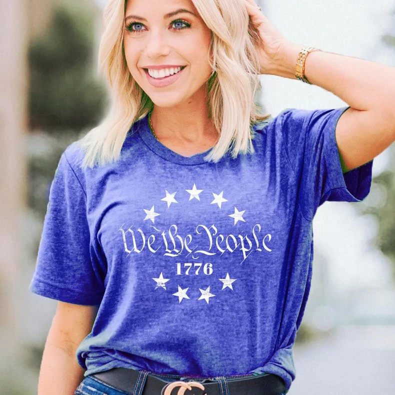 

4th of July Unisex Tee Women Shirt with Saying We The People National Flag Day Female Fashion Top Stars Logo Lady Vintage Tshirt