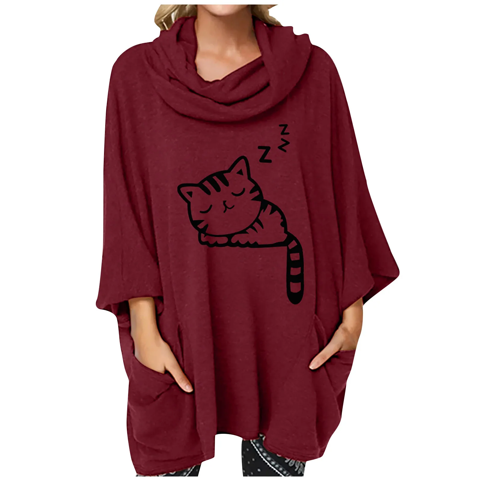 Harajuku Hoodie Women Kawaii Anime Cute Cat Cartoon Hooded Sweatshirt Middle Sleeve Pocket Sweatshirts Tops oversized Pullover