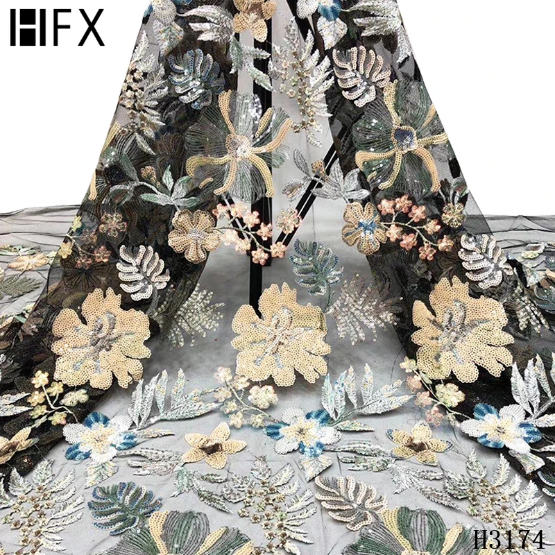 HFX черная африканская кружевная ткань с пайетками 2020 Высокое качество Цветочная