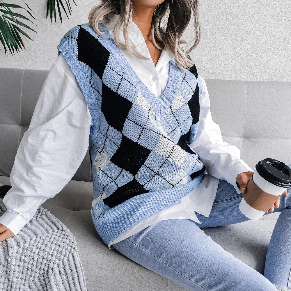 Harajuku Women's Colorblock Knitted Vest Adult Casual Loose Sleeveless Diamond Pattern V Neck Sweater for Summer |