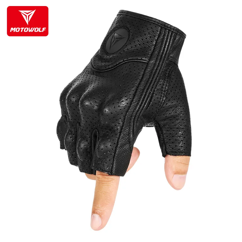 

Motowolf Motocycle Unisex Half Finger Perforated Real Sheepskin Leather Gloves Summer Breathable Anti-fall Protect Gloves