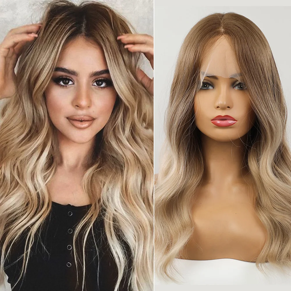 

Blonde Unicorn Ombre Brown to Light Blonde Medium Long Wavy Synthetic Lace Part Hair Wigs For Women Heat Resistant Daily Use