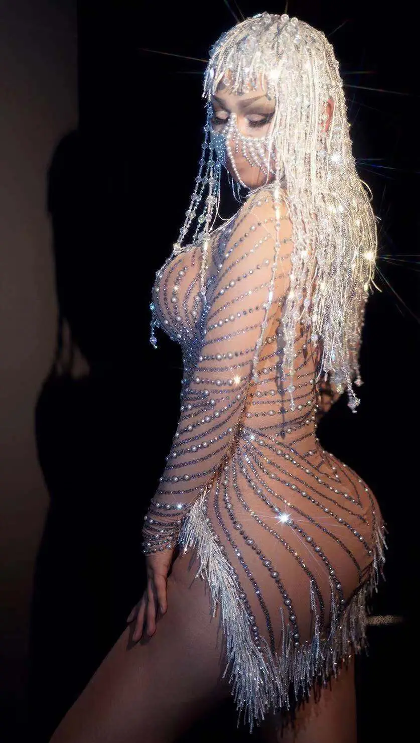 Белый кисточкой Серебряные Камни жемчуг спандекс платье для празднования дня