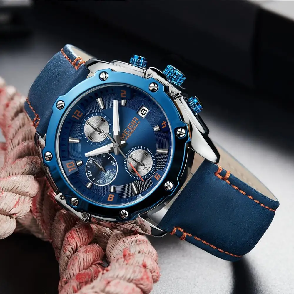 Часы MEGIR Мужские кварцевые с хронографом, деловые креативные армейские в стиле милитари, синие с кожаным ремешком от AliExpress WW