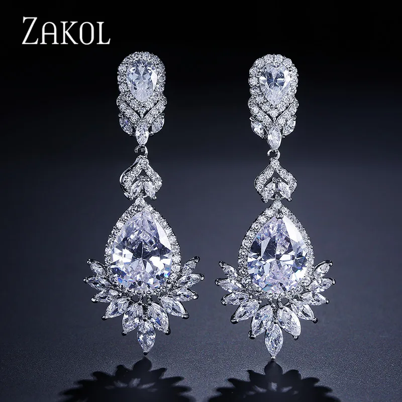 White Earrings ZAKOL высокое качество большая капля синий кубический цирконий лист серьги ожерелье набор украшений для женщин свадебное вечернее платье FSSP2014 - Окраска металла: White Earrings