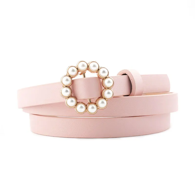 

Fashion Pearl Decorative Belt Ladies Belt Round Pin Buckle Pearl Belts Women's Casual Solid PU Leather Thin Belt